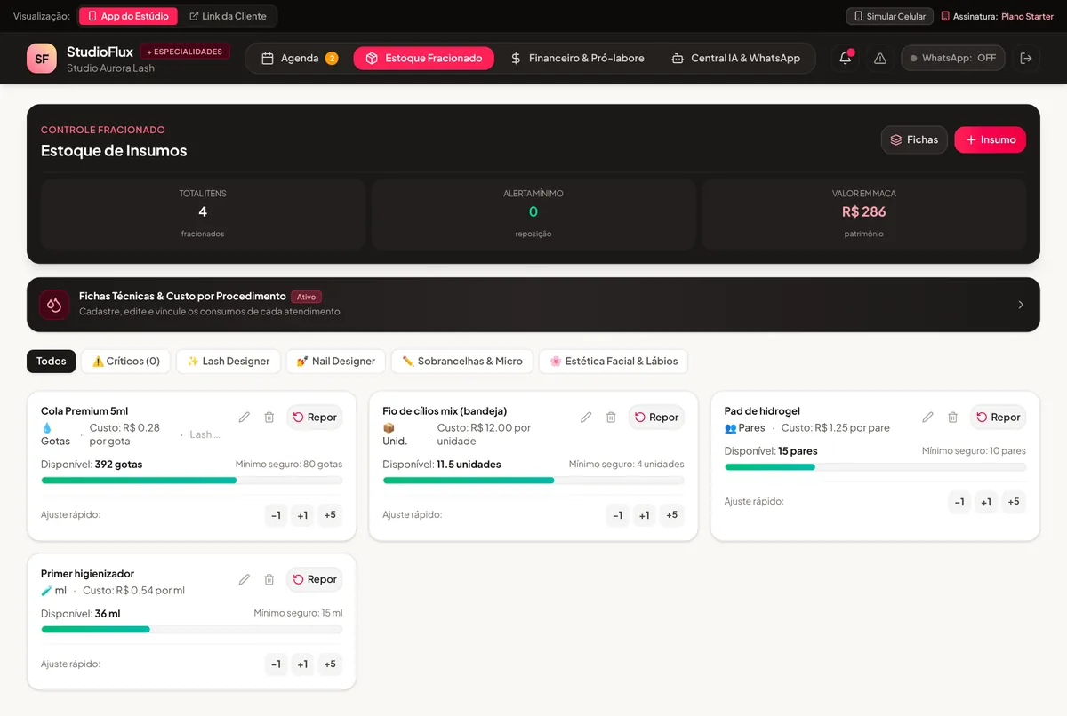 Tela de estoque fracionado do StudioFlux com cola em gotas, pads em pares e primer em ml