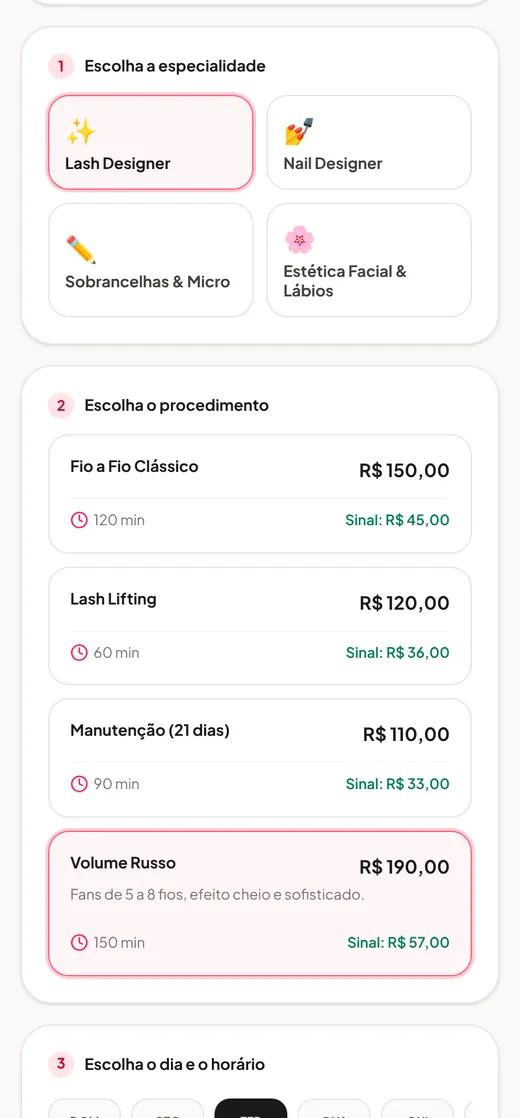 Página pública de agendamento no celular, com especialidades e procedimentos